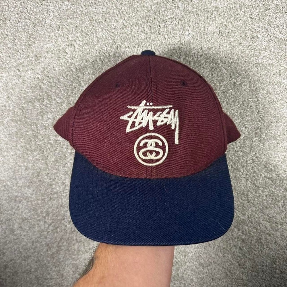 Vintage Stussy burgundy and navy blue wool streetwear SnapBack hat cap